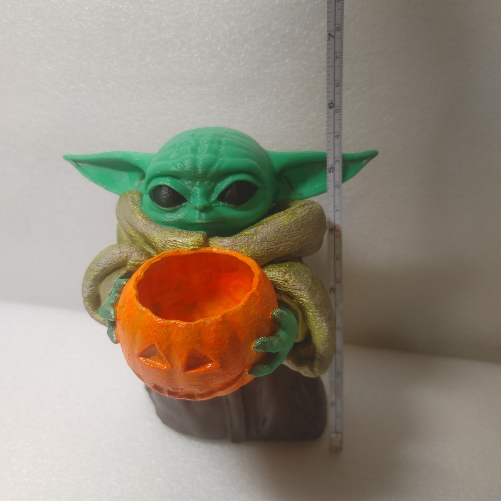 Green Baby Yoda Figurine Holding Orange Pumpkin - Picture 8 of 9